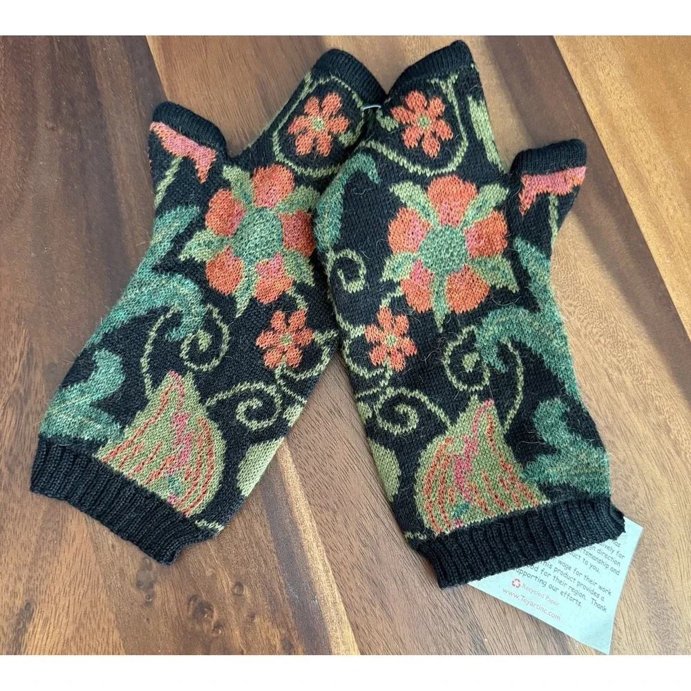 Tey-Art‎ Alpaca Fingerless Gloves Hand Warmers Peru Boho Floral Knit NWT